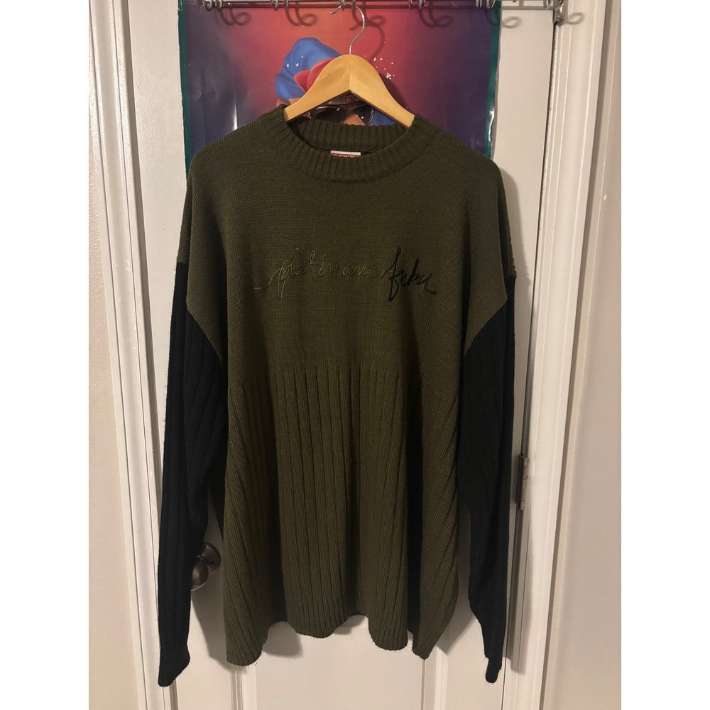 Vintage Platinum Fubu Olive Green Black Colorblock Knit Sweater 3XL